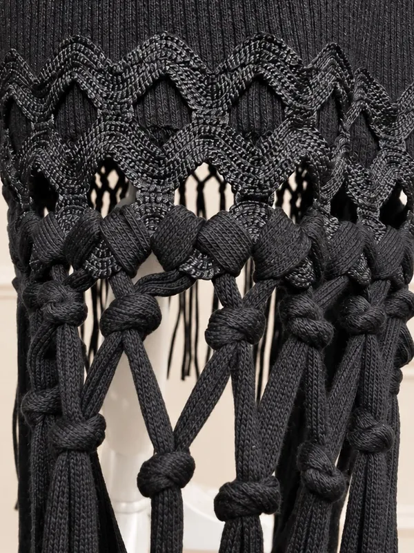 NWOT French Connection Black Ribbed Fringe Hem Midi Dress Size L Boho Swing - Image 9