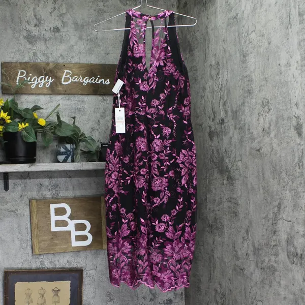 NWT Siena Womens Embroidered Mesh Sleeve Dress SATP1126 Fuchsia Pink / Black 12 - Image 5