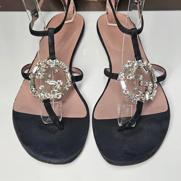Gucci Black Suede Crystal Interlocking G T-Strap Flat Sandals Glam Size 37.5 - Image 7