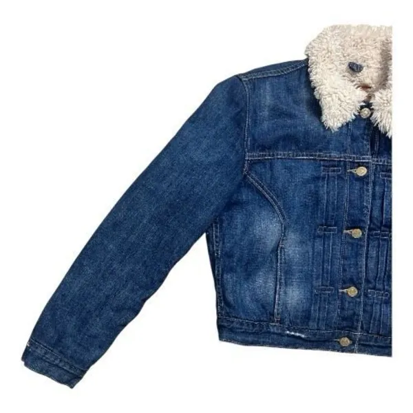 Levi’s Blue Denim Short Jacket Sherpa Lining Women Size M Cotton Button Front - Image 3