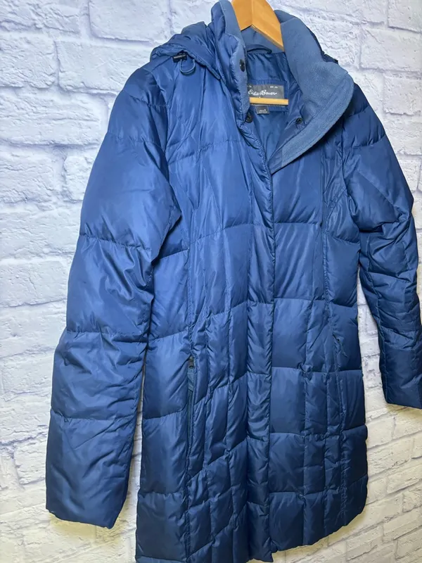 Eddie Bauer Goose Down Filled Hooded Womens Trench Coat Parka Small Blue Winter - Image 4