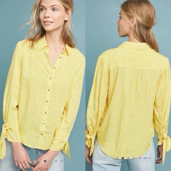 Maeve Yellow Collared Button-Down Tie Cuff Long Sleeve Blouse✨ - Image 3