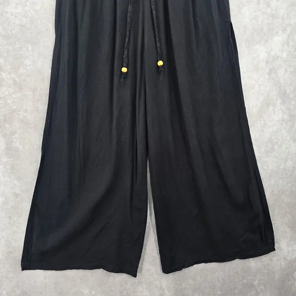 Black Wide Split Flowy Straight Beach Vacation Lounge 90s Pullon Boho Pants XS‎ - Image 11