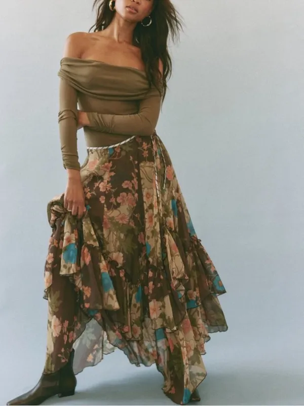 Free People Palermo Villa Chiffon Maxi Skirt in Chocolate Combo 0 - Image 9