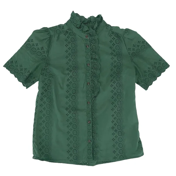 Sézane Louisah Green Organic Cotton Eyelet Ruffle Mock Neck Blouse Size 34 / 2 - Image 12