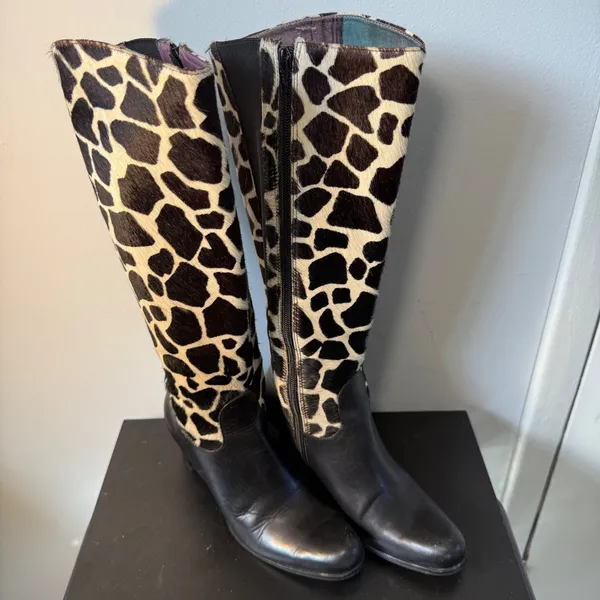 Diego‎ di Lucca Black Leather Giraffe Print Calf Hair Shaft Boots Womens Size 7 - Image 2