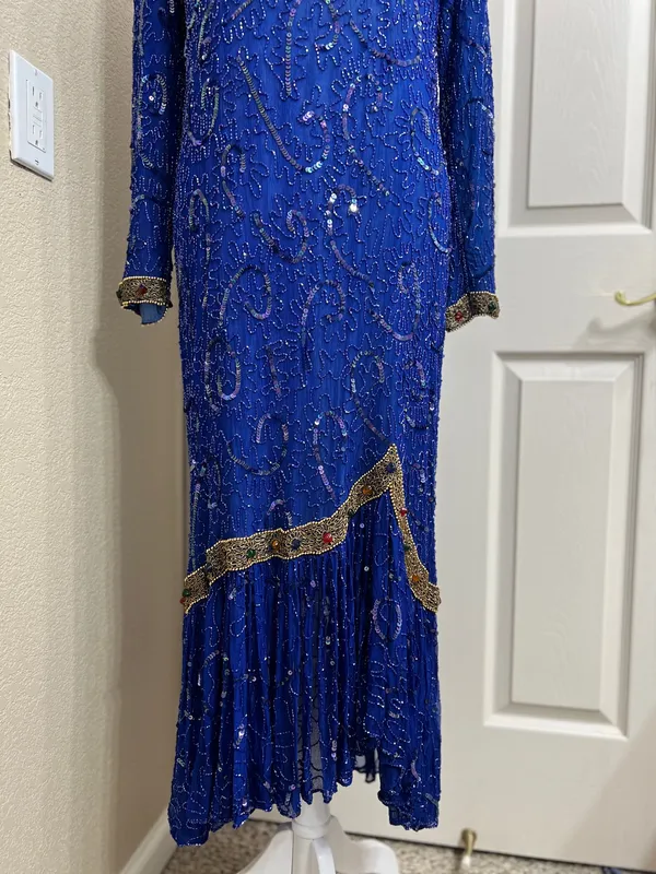 Vintage Tan-Chho Pure Silk Beaded Sequin Maxi Gown Dress Royal Blue Size XL 80’s - Image 7