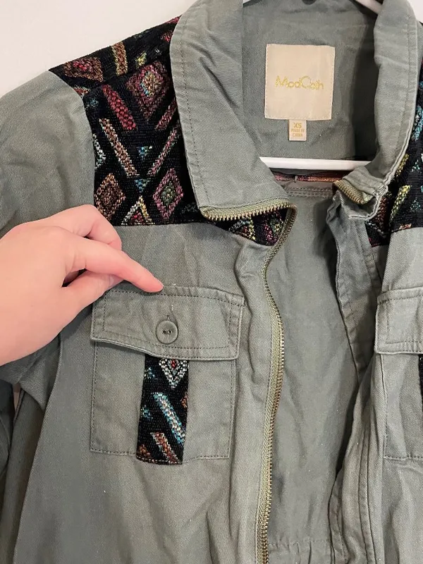 MODCLOTH Keep a Woven Mind Jacket Olive Army Green Multi Aztec Boho Embroidered - Image 9