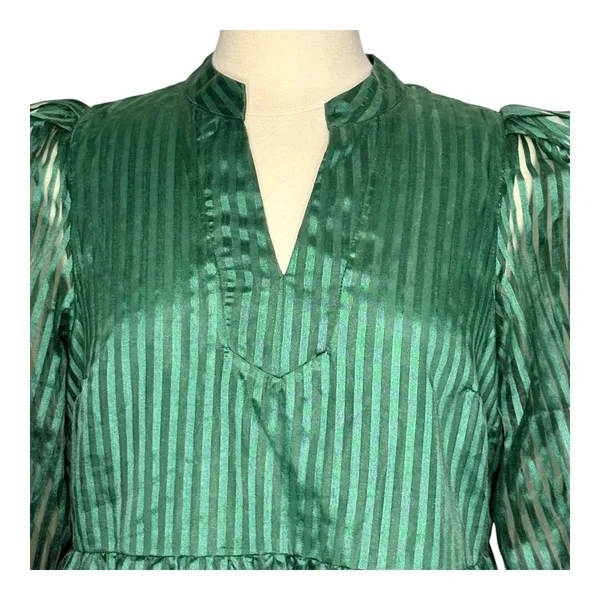 Crown & Ivy Tiered Mini Dress Womens Large‎ Green Striped Puff Sleeve Babydoll - Image 8