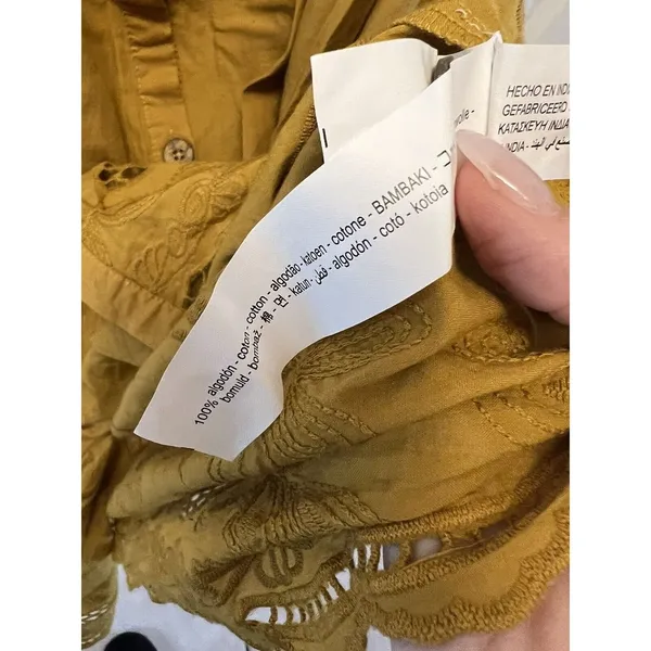 Zara Midi Dress Women’s Size Small Mustard Yellow‎ Smocked Embroidered tie front - Image 10