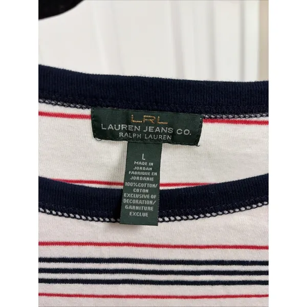 Lauren Ralph Lauren Striped Boat Neck Womens Size L White Red Navy Cotton Top - Image 3