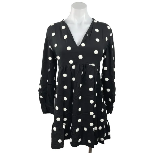 Zara Women's Black White Polka Dot V-Neck Long Sleeve A-Line Mini Dress Size L - Image 5