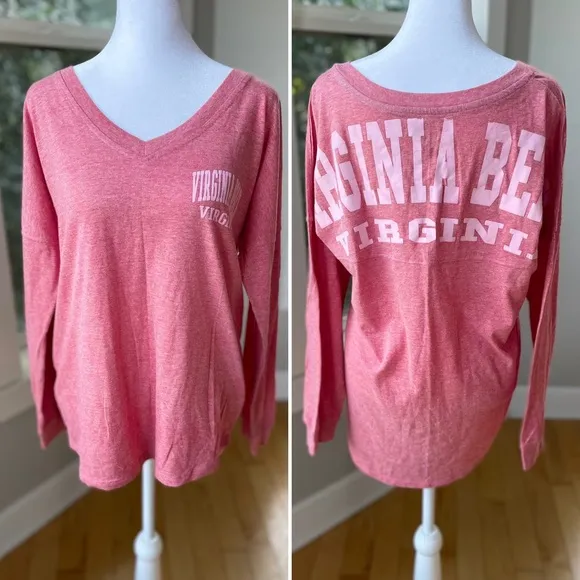 Heather Pink Virginia Beach V Neck Long Sleeve Tee Shirt Size Large - Image 2