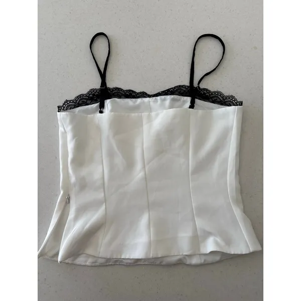 White Satin Lace Trim Cami Top Women’s Adjustable Straps Y2K Minimalist - Image 4