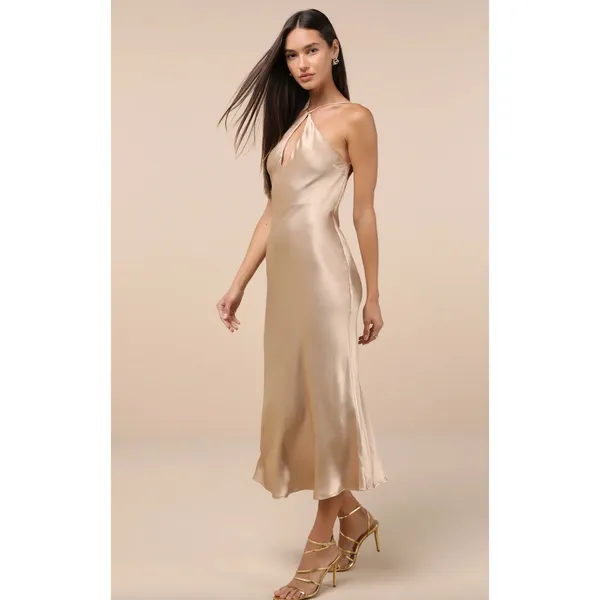 Lulus Sleek and Sweet Champagne Satin Cutout Backless Slip Midi Dress XL NWT - Image 4