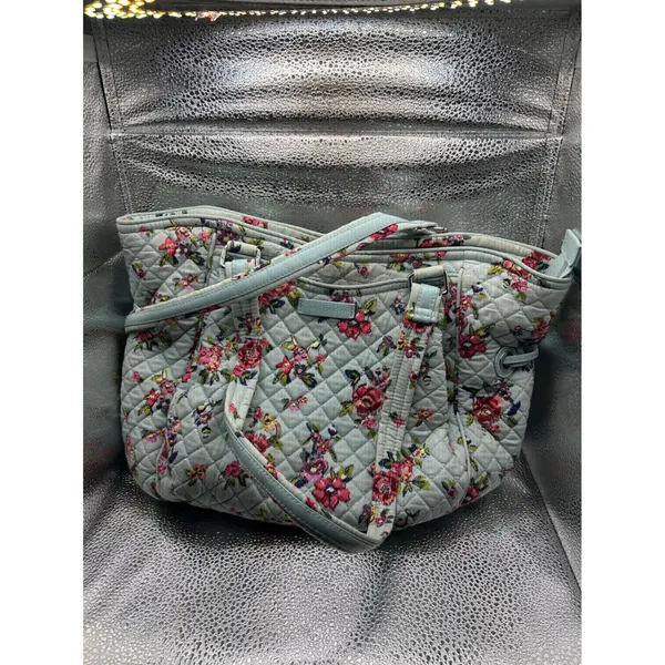 Vera Bradley Quilted Cotton Tote Bag Light Blue Floral Shoulder Bag Handbag - Image 2