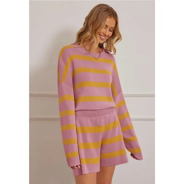 NEW 2 Pc Oversized Sweater Lounge Set Striped Long Sleeve Shorts L - Image 6