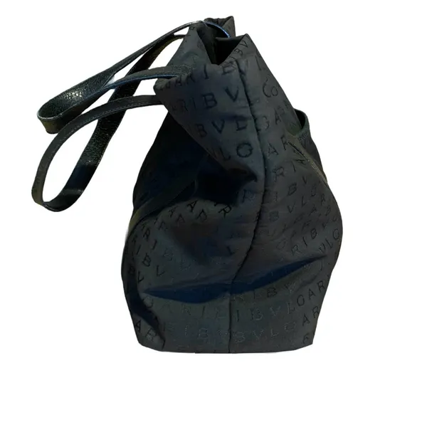 Bvlgari "Logo Mania" Black Signature Print Canvas Tote Bag With Leather Trim - Image 9
