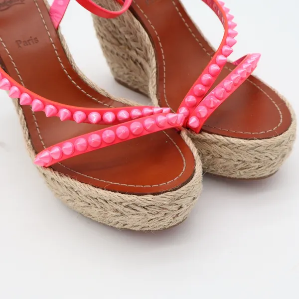 Christian Louboutin Neon Pink Studded Espadrille Wedge Sandals 38 - Image 6