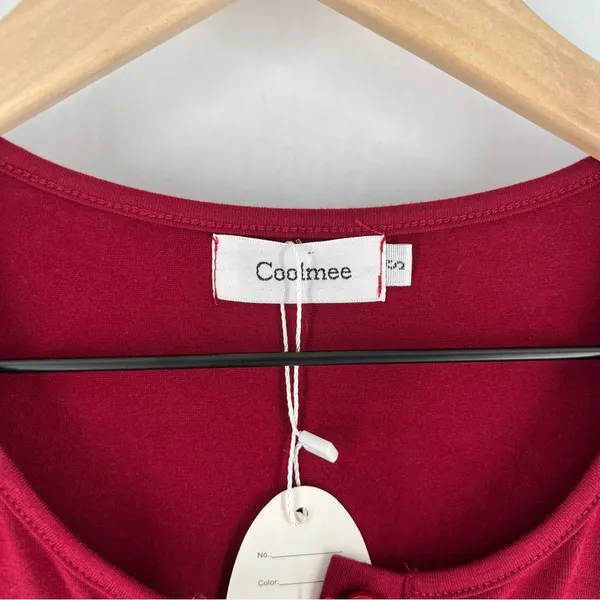 Coolmee‎ Soft Stretch Burgundy Pleated Babydoll Long Sleeve Henley Tunic Top - Image 3