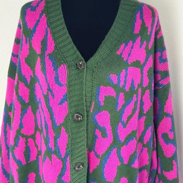 Umgee USA Pink Green Animal Print Button Front Cardigan Sweater Medium Boho - Image 3
