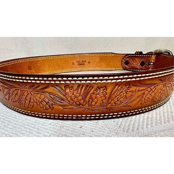 Vintage Western Tooled Leather Belt Pine Pattern& LINDA Across Middle Back Sz 32 - Image 6