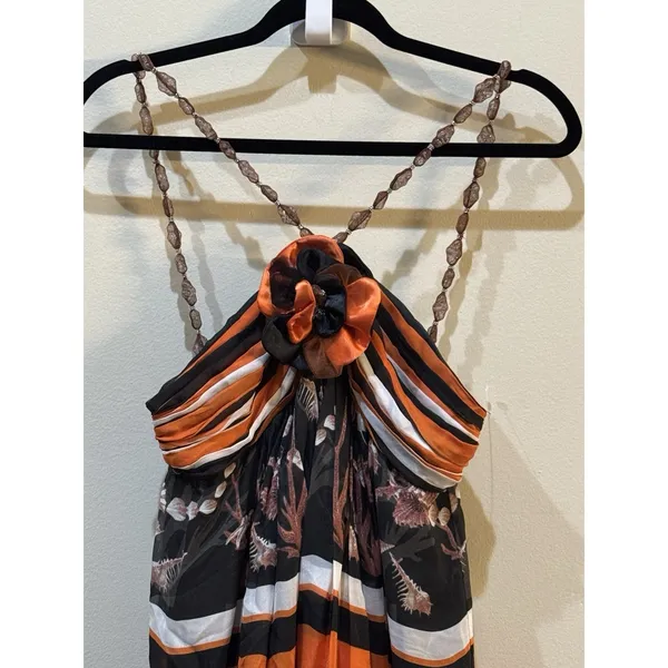 bdba Silk Maxi Dress Size Small Resort Ocean Beaded Straps Stripped 3D Halter‎ - Image 4