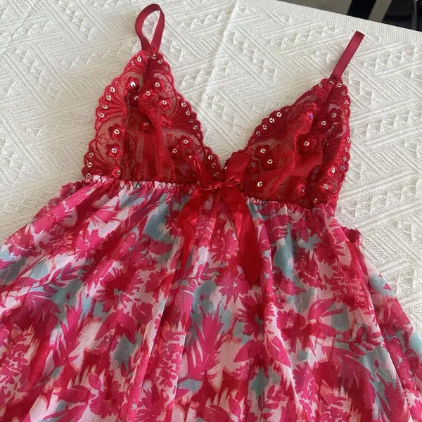 Women’s Pink & Red Mesh Lace & Sequins Babydoll Lingerie Top Sz S Small - Image 8
