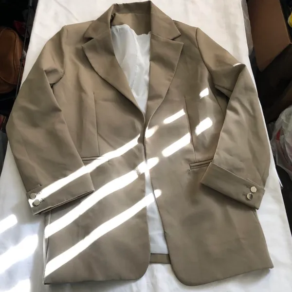 Tan Camel brown long boyfriend fit blazer jacket fully lined Size S - Image 6