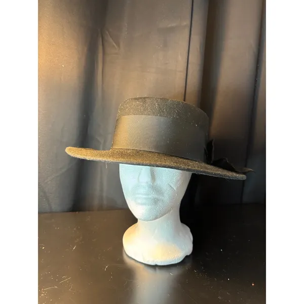 Vintage Black 100% Wool Boater Hat Made in USA Grosgrain Ribbon Bow WPL 4384 - Image 8