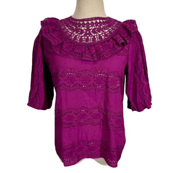 Sézane Elsa Blouse Eyelet Embroidered Ruffled Openwork in Purple Violet sz36/US4 - Image 4