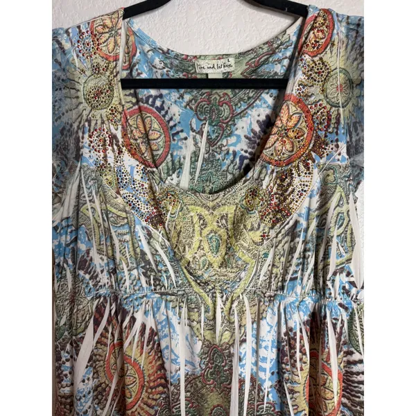 Live Let‎ Live Womens L Multicolor Tunic Top Paisley Rhinestone Babydoll Boho - Image 3