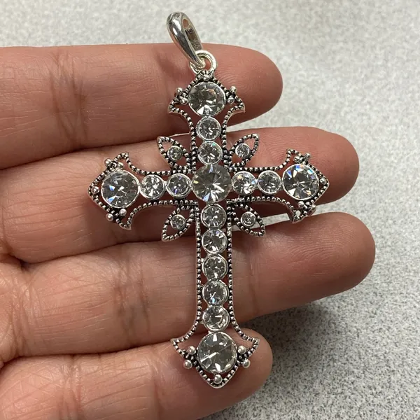 Silver Tone Cross Rhinestone Ornate Pendant Necklace Statement Religious Faith - Image 3