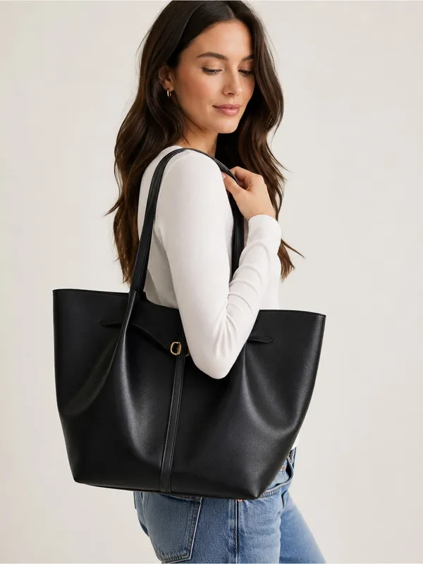 A New Day Black Belted Pinched Handle Large Tote Bag Faux Leather Snap Closure - Image 2