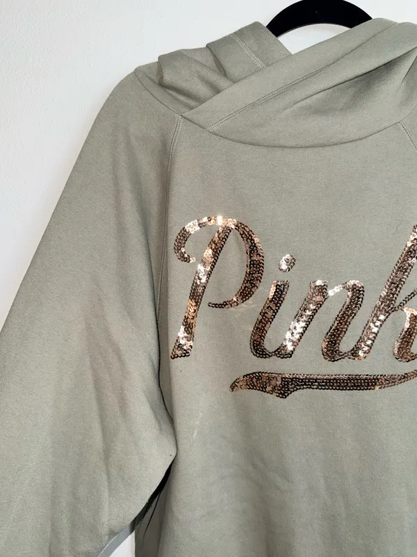 Victoria’s Secret PINK Gold Sequin Logo Oversized Sweatshirt Light Green - Image 3