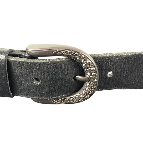Fossil Black Leather Adjustable Belt L Metal Crystal Buckle Rhinestone Accent - Image 2