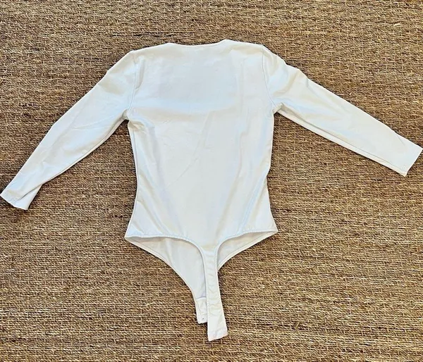 - 3/4 Sleeve Square Eyes Thong Bodysuit, white, size small - Image 11