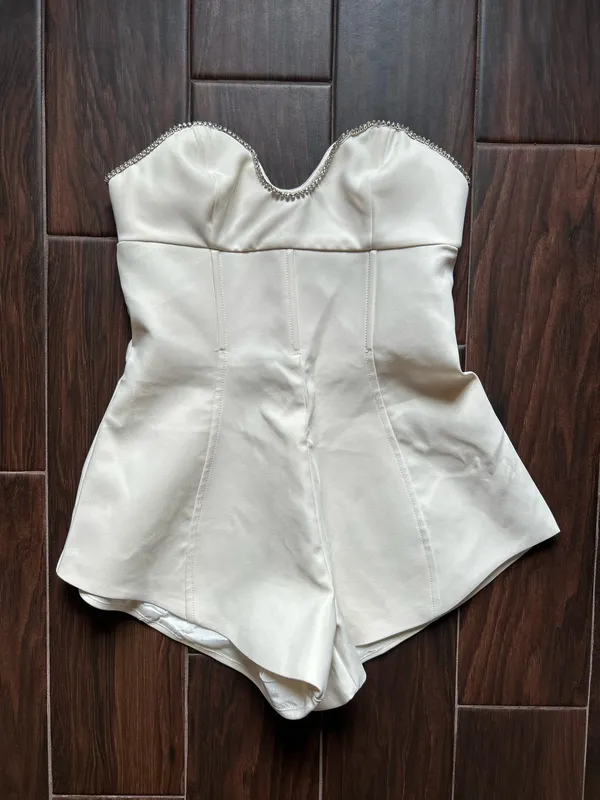 PrettyLittleThing cream diamante detail playsuit Romper Bride to be size 2 - Image 4
