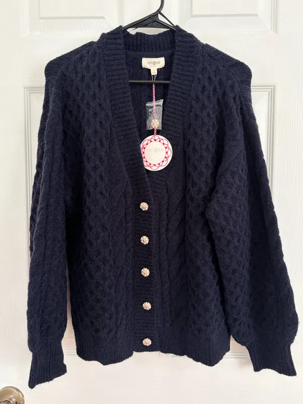 Umgee Navy Cable Knit Cardigan Gold Medallion Buttons Oversized Preppy Boho S - Image 2