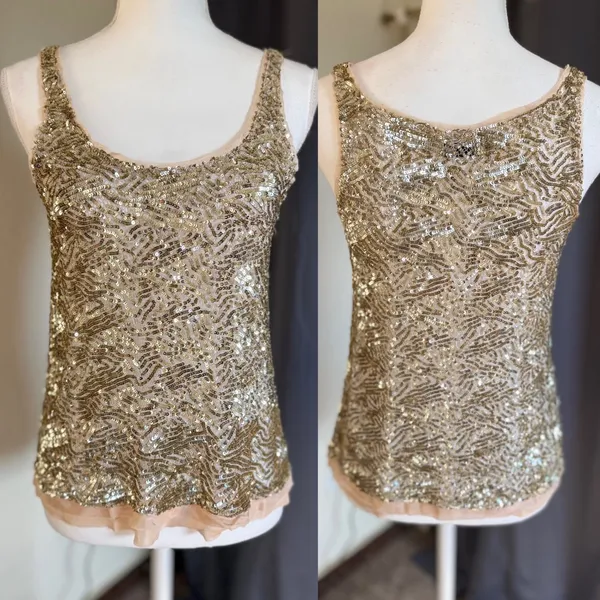 Wren 100% Silk Sequin‎ Embroidered Tank Top Champagne XS Made USA - Image 2