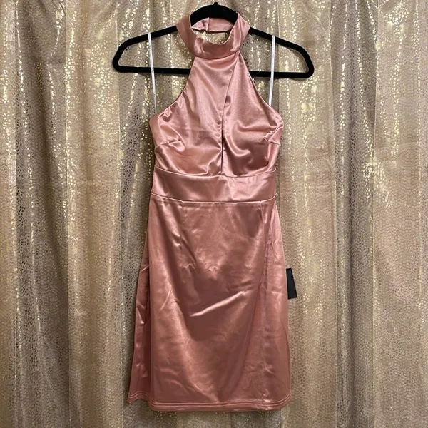 Lulus impressive style mauve satin halter bodycon mini dress, size L NWT - Image 5