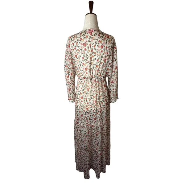 Pink Lily Floral Maxi Duster Women Small Ivory Tassel Boho Resort Cover Up Sheer - Image 3
