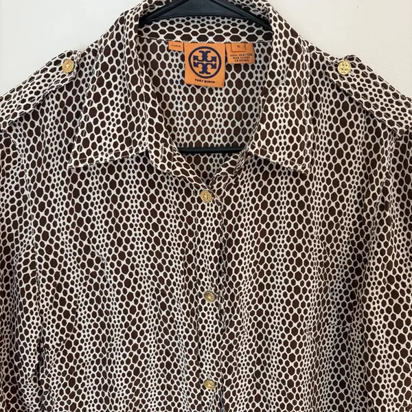 Tory Burch Button Front Silk Blouse Cream Brown Long Sleeve Sz 10 Career Brunch - Image 2