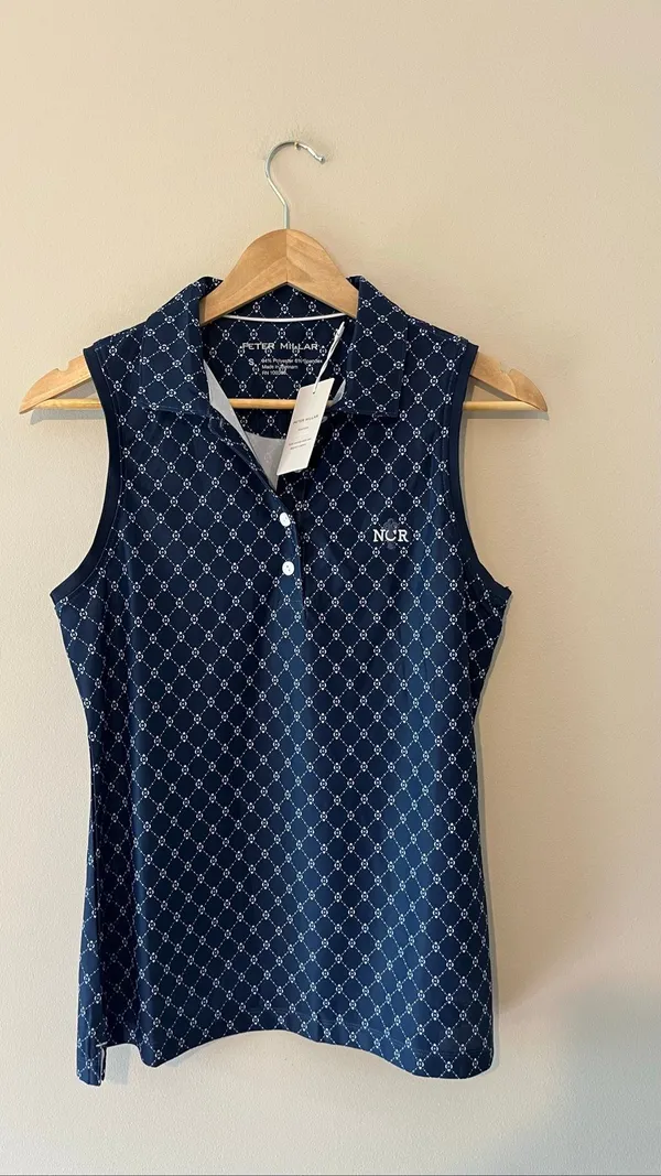 NWT Peter Millar Women’s Small Navy Blue Geometric Sleeveless Golf Polo NCR Logo - Image 2