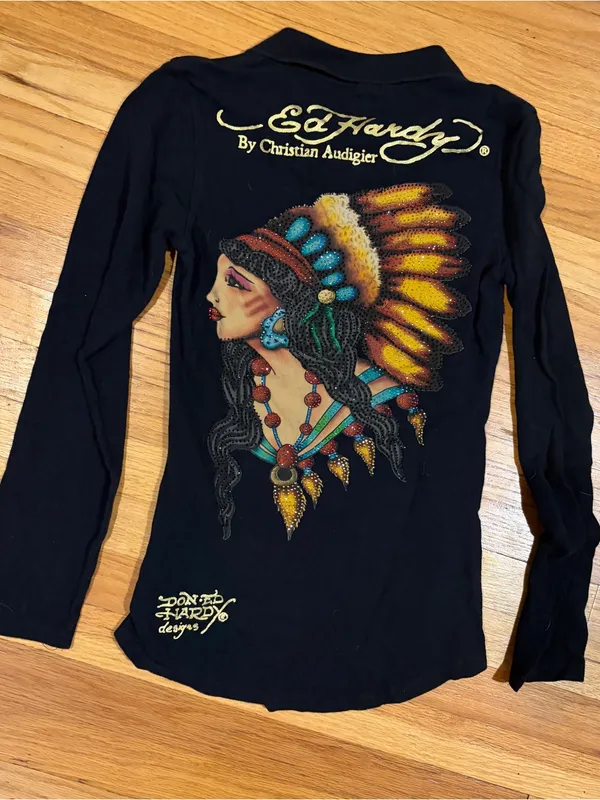 Ed Hardy Women’s M Medium Black Button Polo Long Sleeve Rhinestone Angel Shirt - Image 5