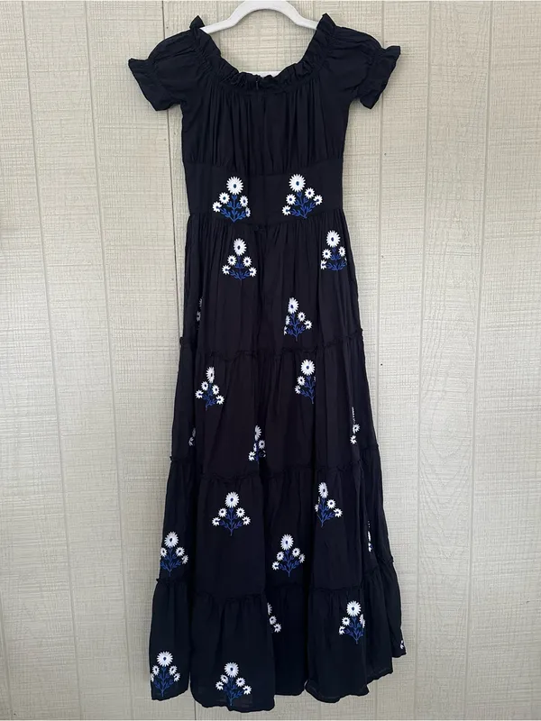 Madison Matthews Navy floral Maxi tiered long Dress short puff sleeves size XS - Image 2