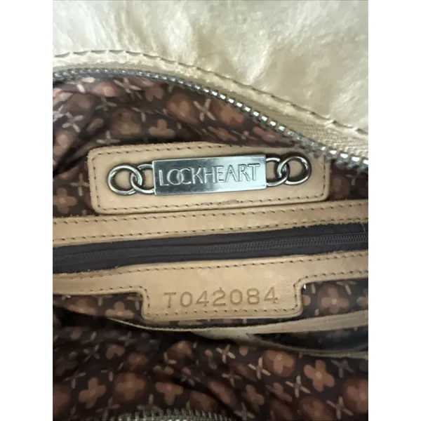 Lockheart Beige Leather Beaded Shoulder Bag Lockheart Handbag Stained - Image 8