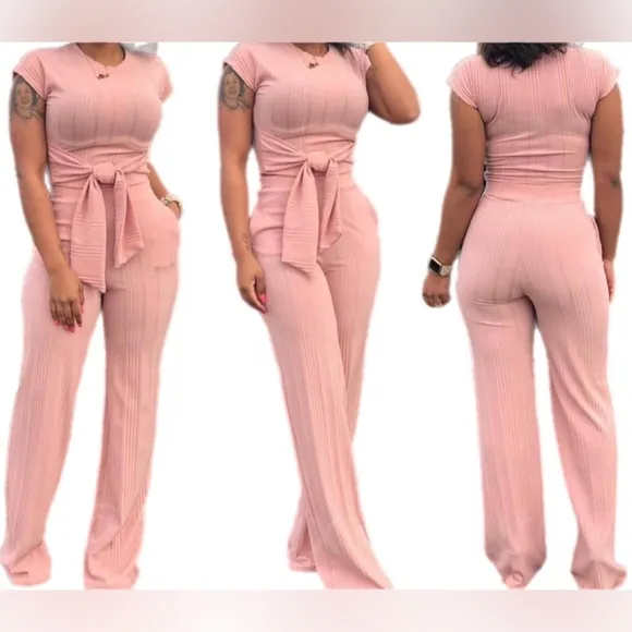 Woman's 2 Piece Outfit Pink Sexy Tie Front Crop Top Wide Leg Pants Set. - Image 2
