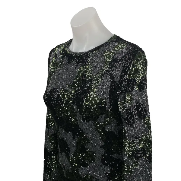 Zara Black Green Camo Sequin Sparkly Long Sleeve Crew Neck Mini Bodycon Dress M - Image 2