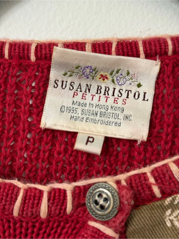 {S} Vintage Susan Bristol Red Embroidered Patchwork Cardigan 1995 - Image 4